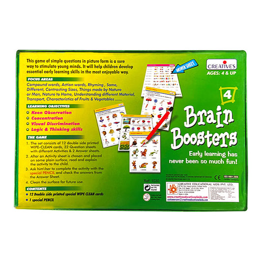 BRAIN BOOSTERS - 12 Wipe clean cards - 22 Question sheets - 2 Answer sheets - 1 Special pencil