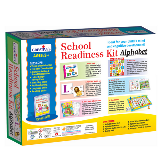 School Readiness Kit Alphabet - Board Book - 26 Sets of Match Ups - Alphabet Wall Chart - 2 Activity Books - Board Game