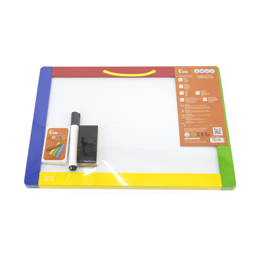 Double sided board - Black chalkboard - Magnetic white dry erase board - Dry erase pen, pack of chalk and brush - 420x300x15mm
