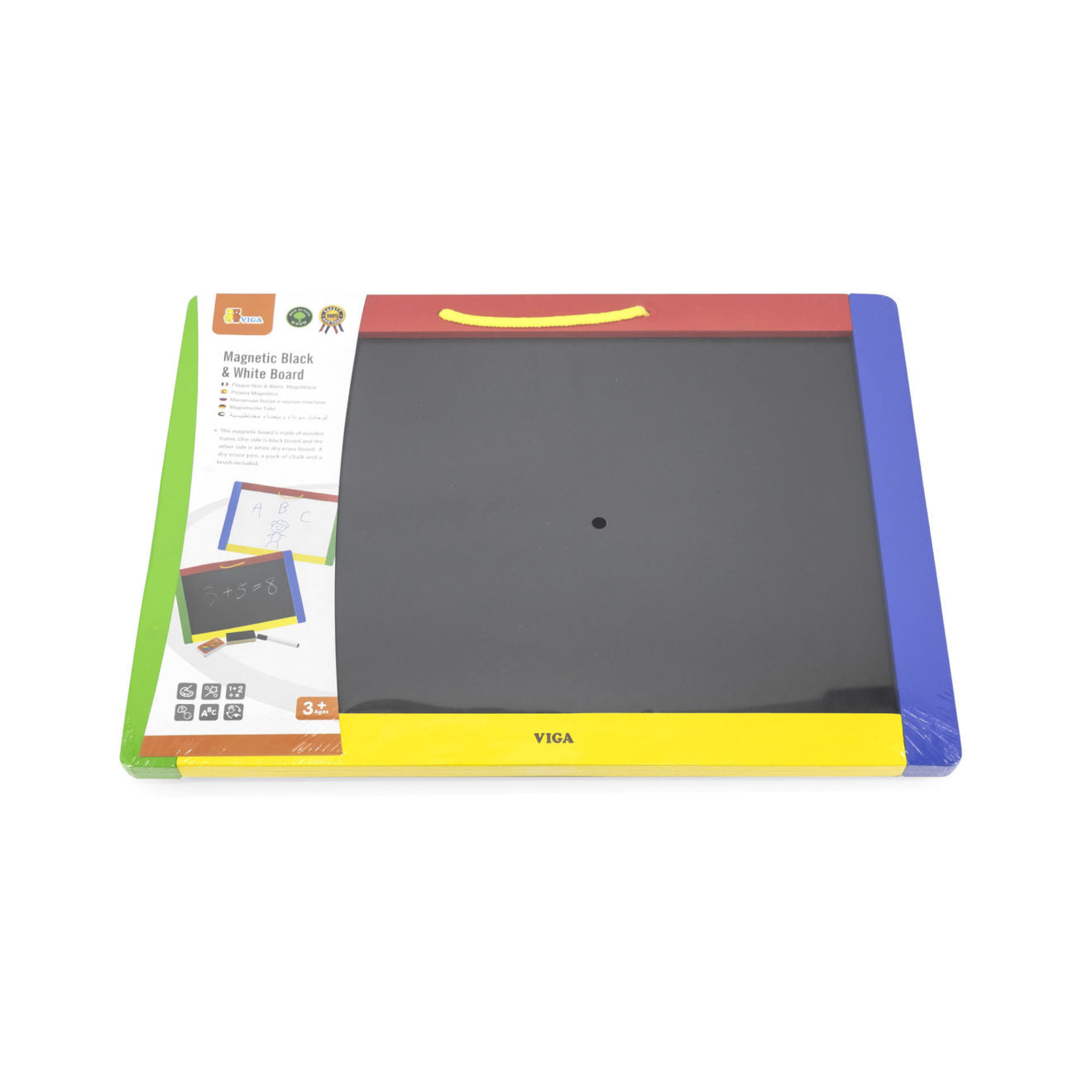 Double sided board - Black chalkboard - Magnetic white dry erase board - Dry erase pen, pack of chalk and brush - 420x300x15mm