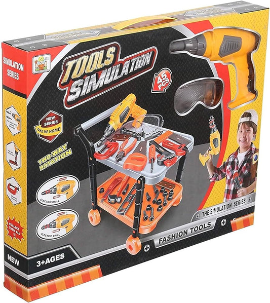 Tools Simulation Set - Trolley with Wheels - Electric Drill - 45 Pieces