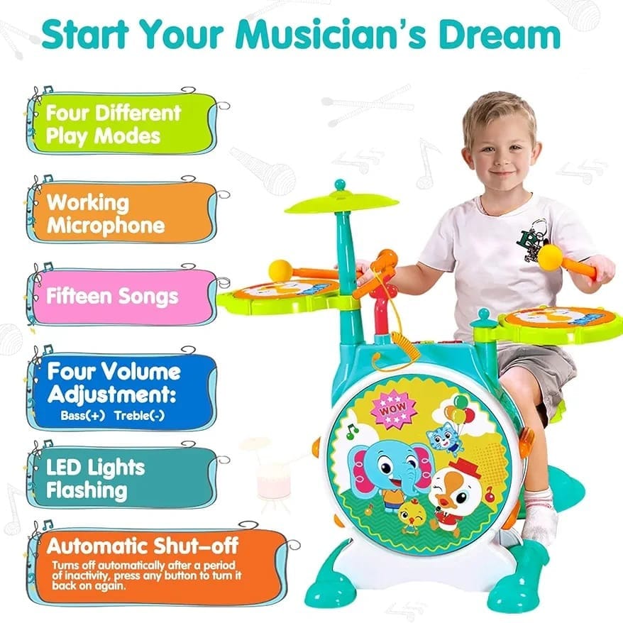 Electronic Drum Set - Base Drum, Soft Drums, Sticks, Cymbals, Microphone & Stool