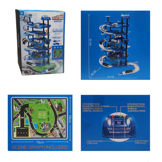 Parking Garage Set - 5 Floors, Electrical Elevator, Spiral Car Ramp - Sound & Light - 2 Police Cars, 1 Helicopter