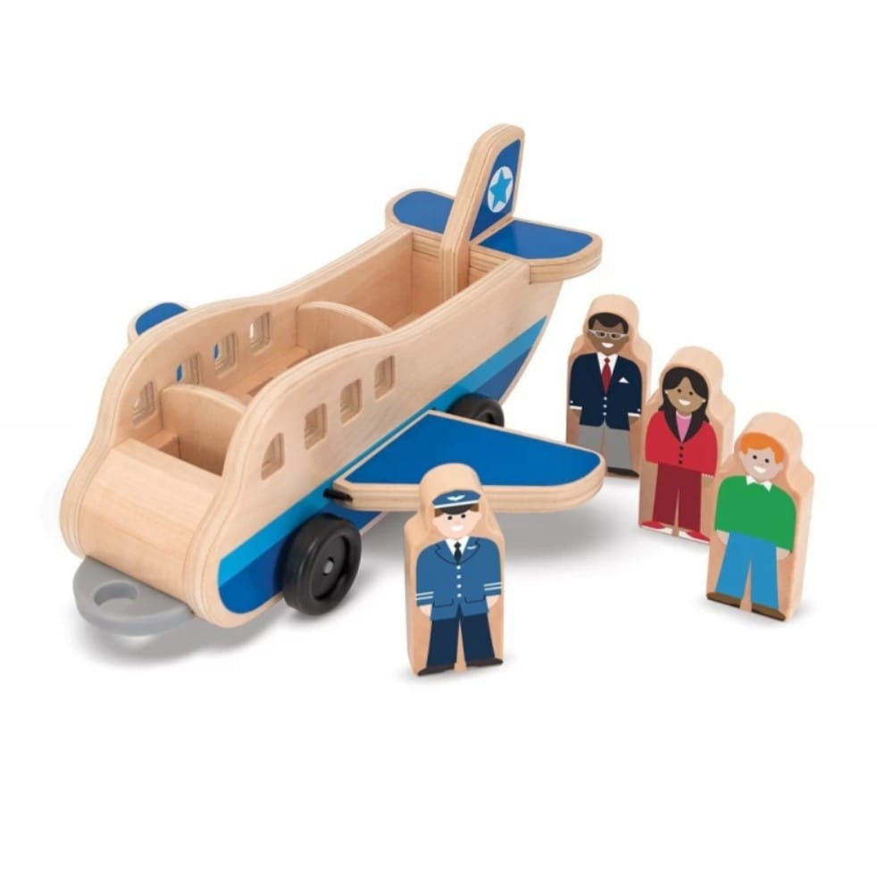Plane & Luggage Carrier Set - Wooden - 3 Vehicles, 4 People, 4 Suitcases