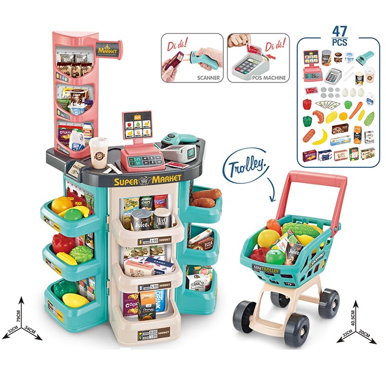 Supermarket Set - 47 Pieces including Shopping Cart, Scale, Card Reader, Scanner
