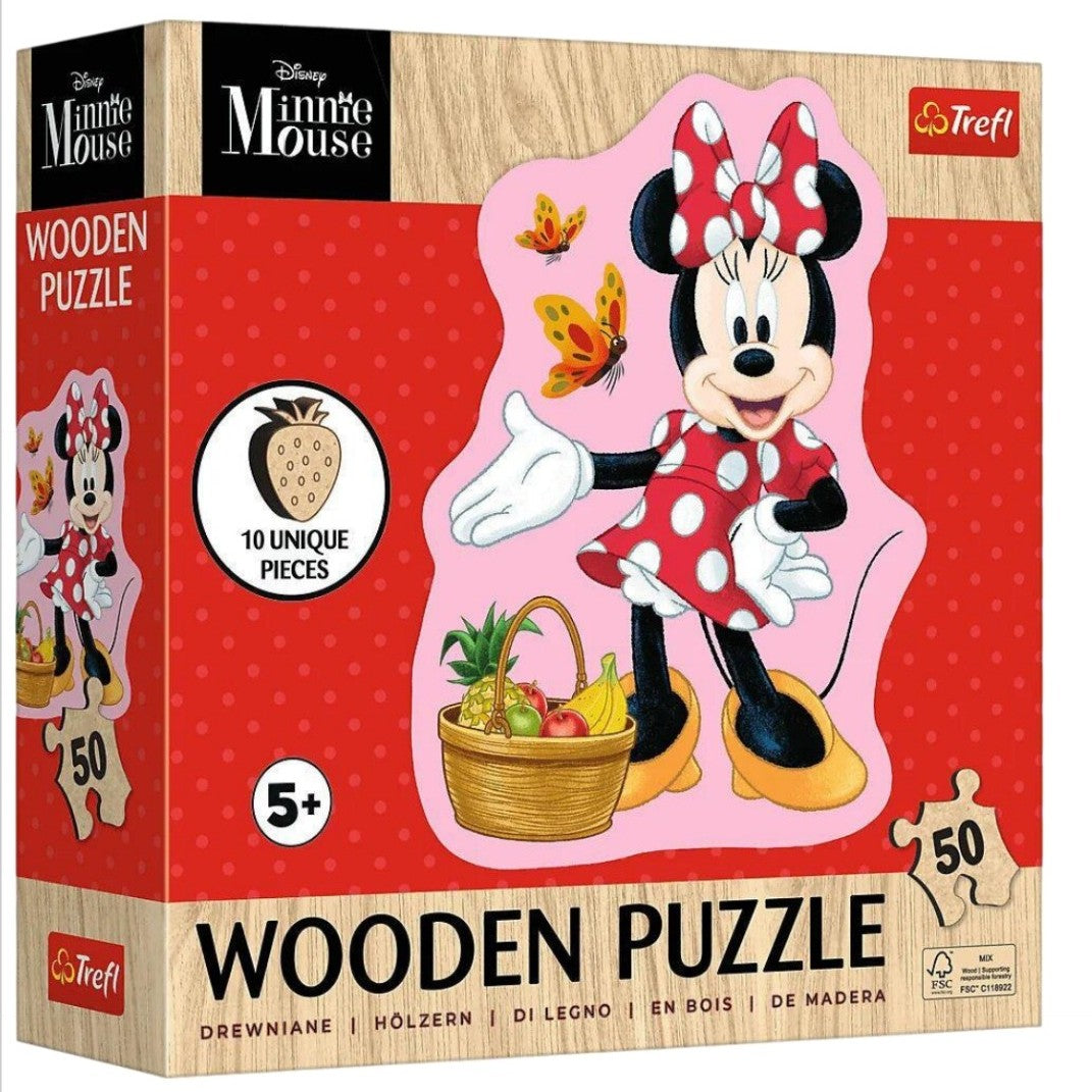 Minnie Mouse Wooden Puzzle - 50 Pieces - 20.7x28.6cm - Shaped With 10 Unique Pieces