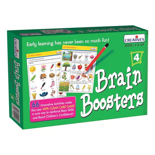 BRAIN BOOSTERS - 12 Wipe clean cards - 22 Question sheets - 2 Answer sheets - 1 Special pencil