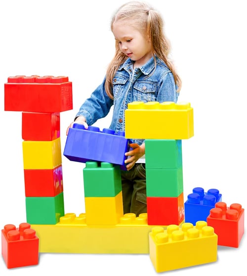 Jumbo Building Blocks with Carrying Bag - 9x9x9cm - 32 Pieces - Red, Yellow, Green, Blue, Orange