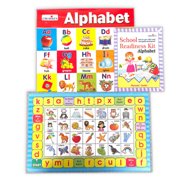School Readiness Kit Alphabet - Board Book - 26 Sets of Match Ups - Alphabet Wall Chart - 2 Activity Books - Board Game