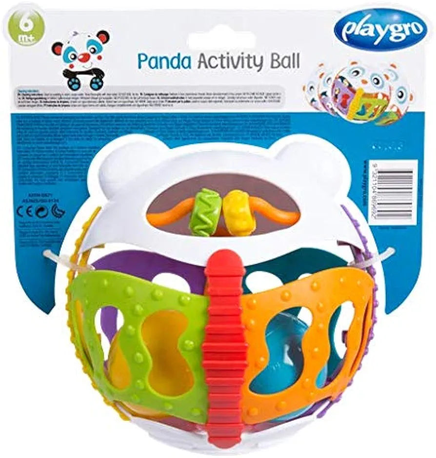 Panda activity ball - Openings for fingers to grip - Textured body - 3 internal patterned balls - rattle inside panda - Soft squishy tummy