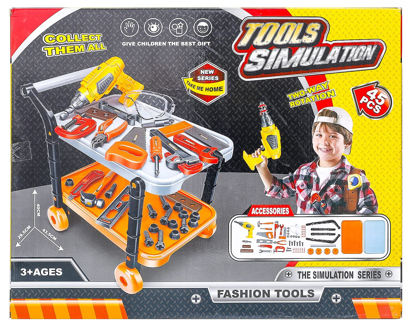 Tools Simulation Set - Trolley with Wheels - Electric Drill - 45 Pieces