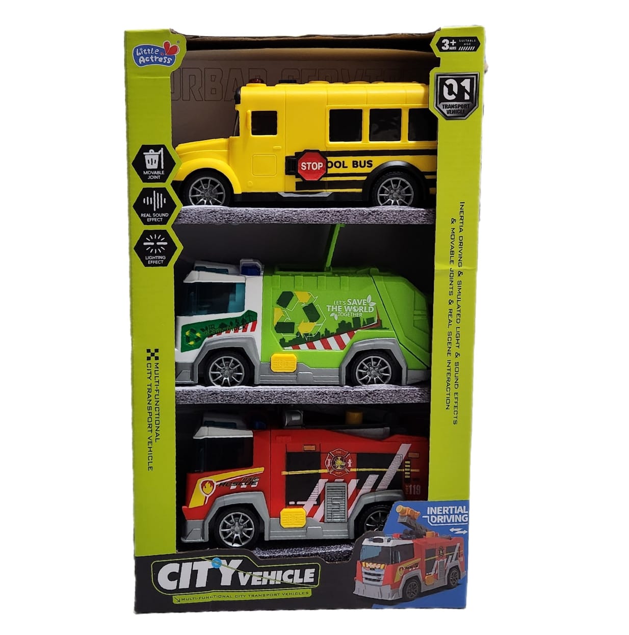 City Transport Vehicles - Sound and Lighting Effects - School Bus, Cleaning Truck, Fire Rescue Truck