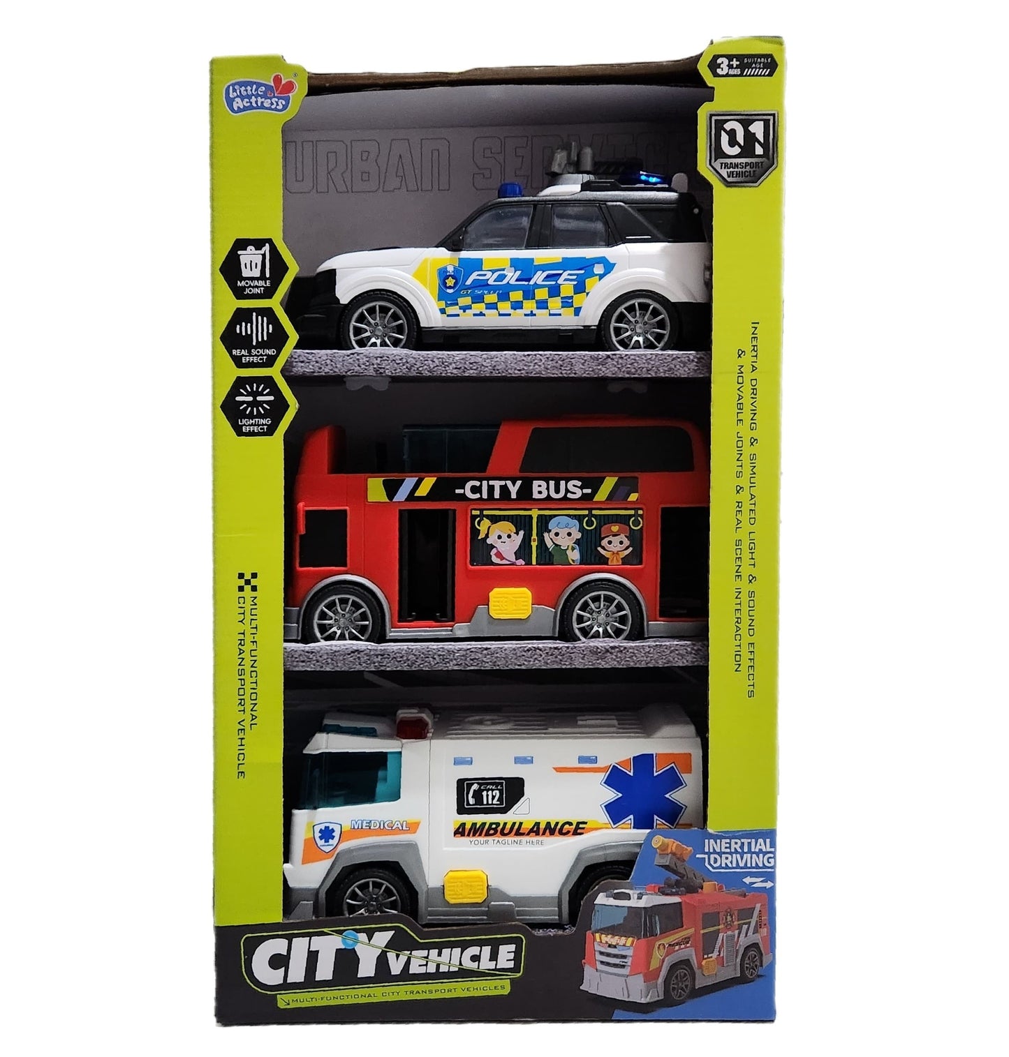 City Transport Vehicles - Sound and Lighting Effects - Police Car, City Bus, Ambulance