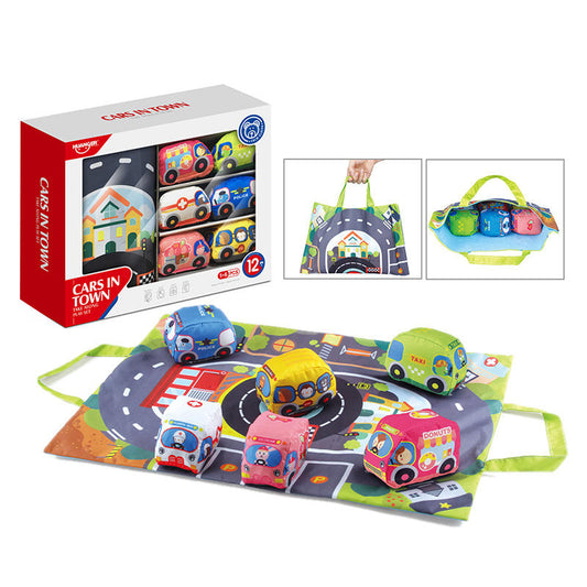 Soft Play Cloth Car Set - 6 Soft Vehicles - Storage Bag Convertible to a Play Mat